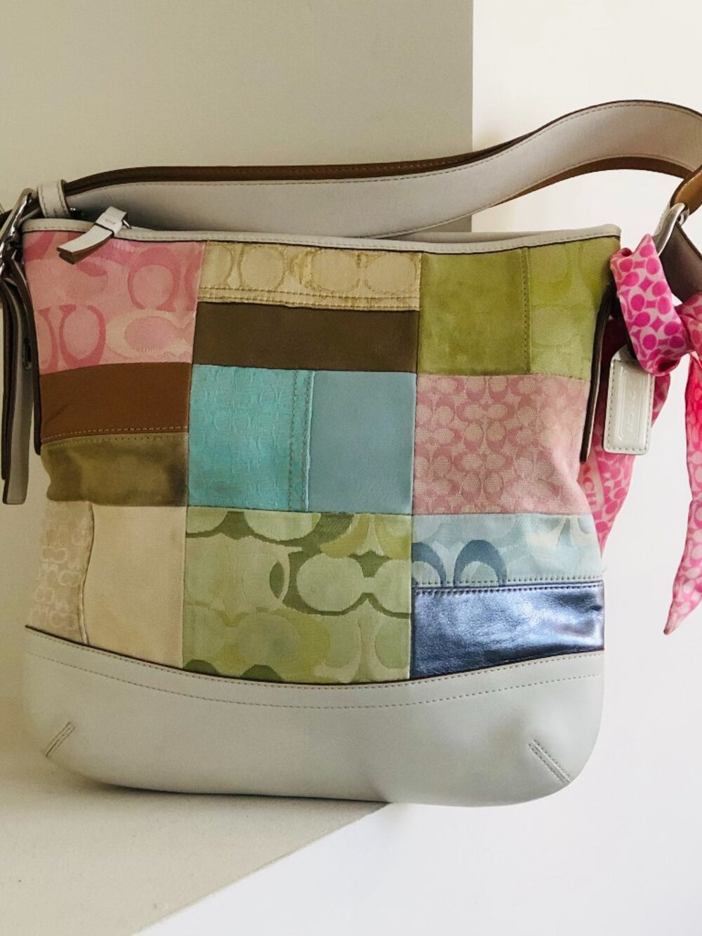 Coach Pastel Patchwork Shoulder Bag w/ 100% Silk Coach Signature Matching Scarf